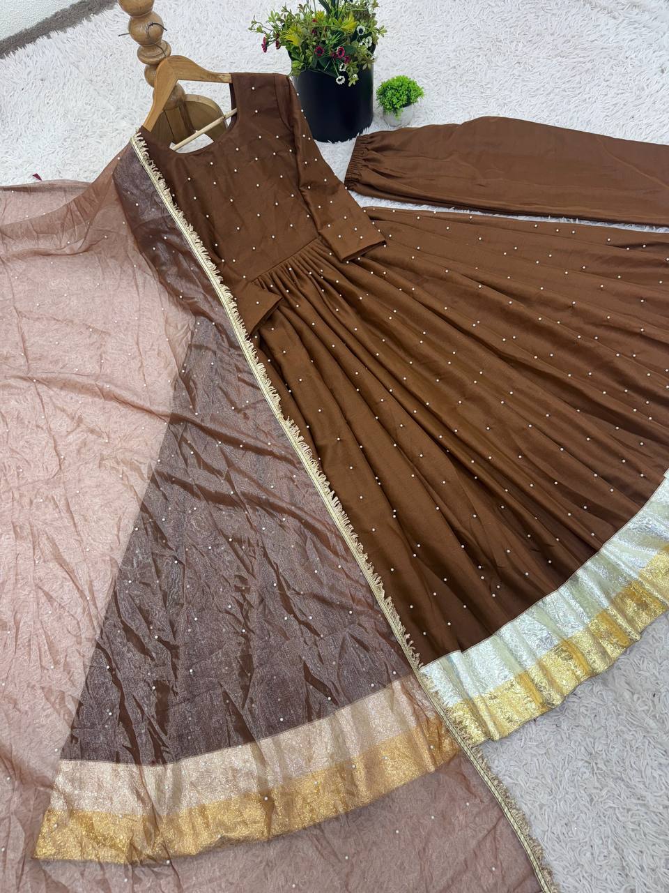 New Designer Party Wear Look Full Moti Work Gown With Fully Stiched and Dupatta Ready to Wear Collection
