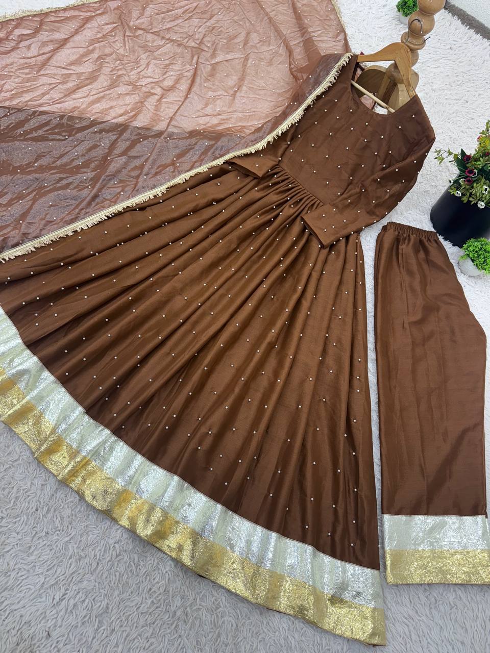New Designer Party Wear Look Full Moti Work Gown With Fully Stiched and Dupatta Ready to Wear Collection