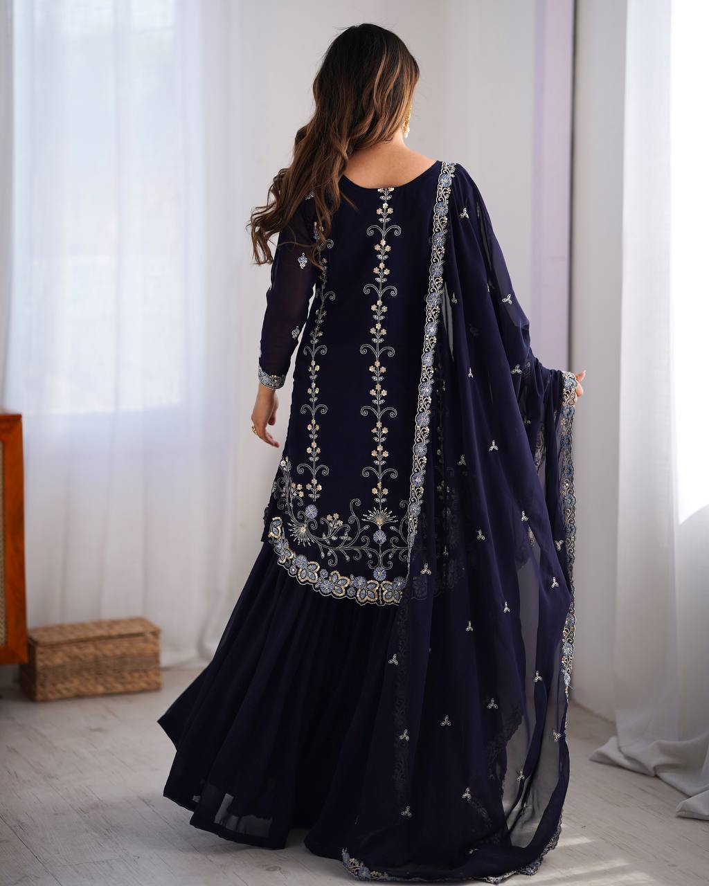wedding sharara styleFaux Georgette Thred with Sequnce work Front and back bothside work sharara style