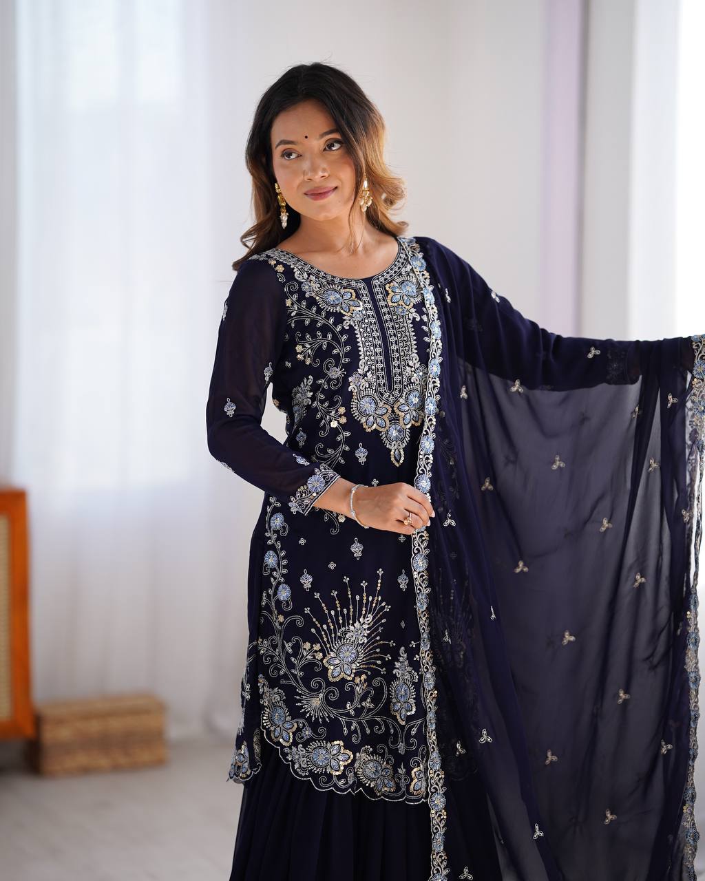 wedding sharara styleFaux Georgette Thred with Sequnce work Front and back bothside work sharara style