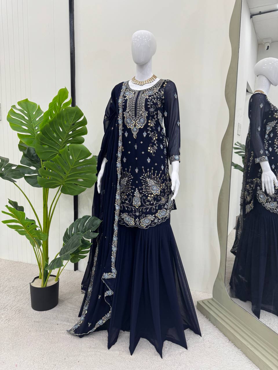 wedding sharara styleFaux Georgette Thred with Sequnce work Front and back bothside work sharara style