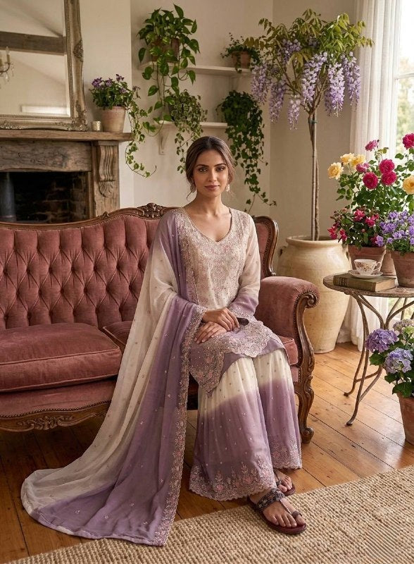 Đěsigner Party Wear Look Pur Heavy Dual Tone Peding Star Georgette Top Plazzo & Dupatta Set
