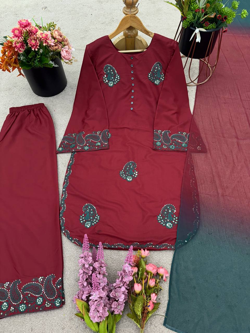 Designer Collection In French Crep Silk Top-Bottom And Dupatta Set Fully Stitched Ready To Wear