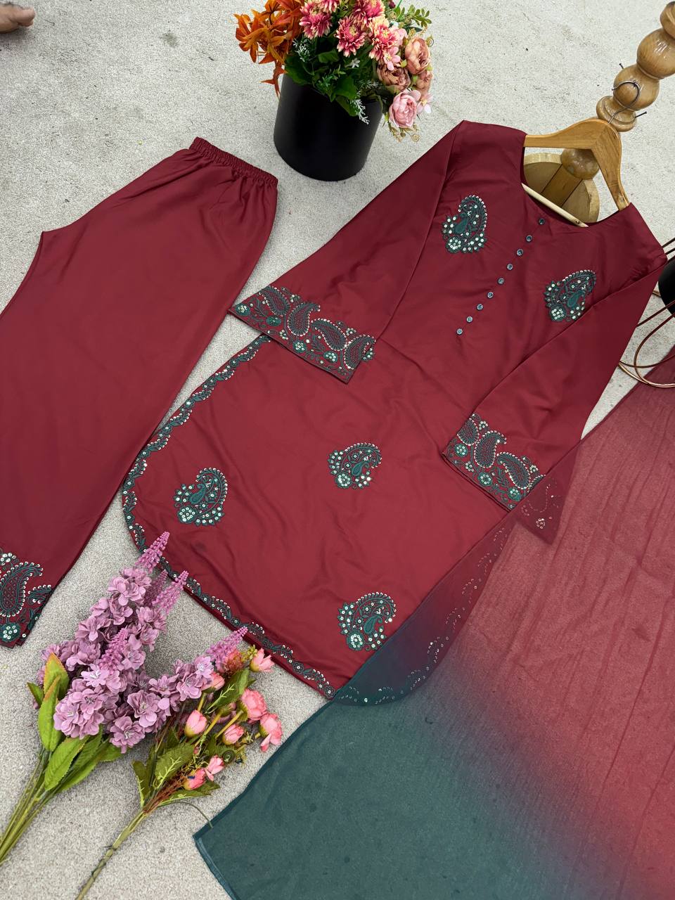 Designer Collection In French Crep Silk Top-Bottom And Dupatta Set Fully Stitched Ready To Wear