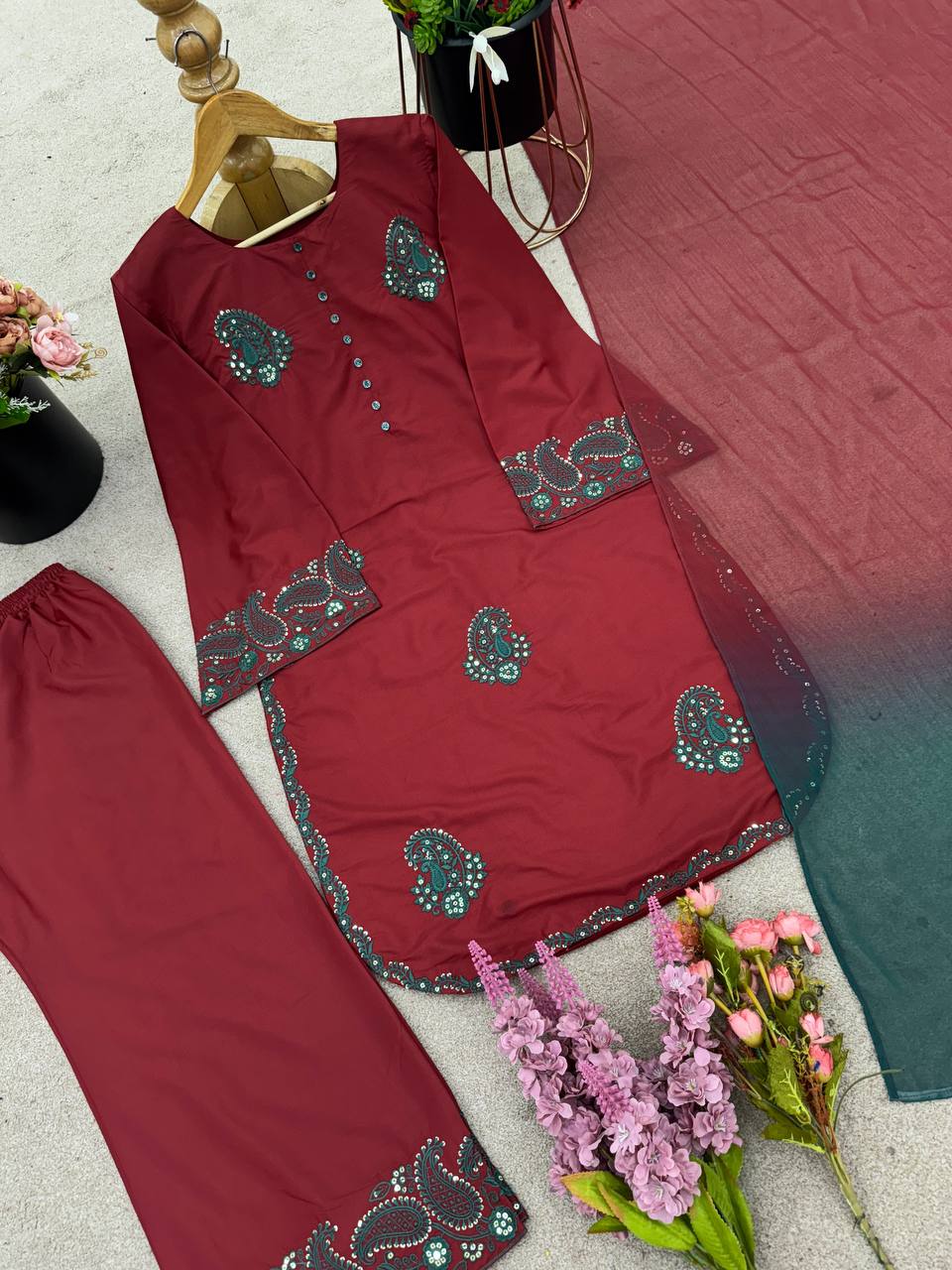 Designer Collection In French Crep Silk Top-Bottom And Dupatta Set Fully Stitched Ready To Wear