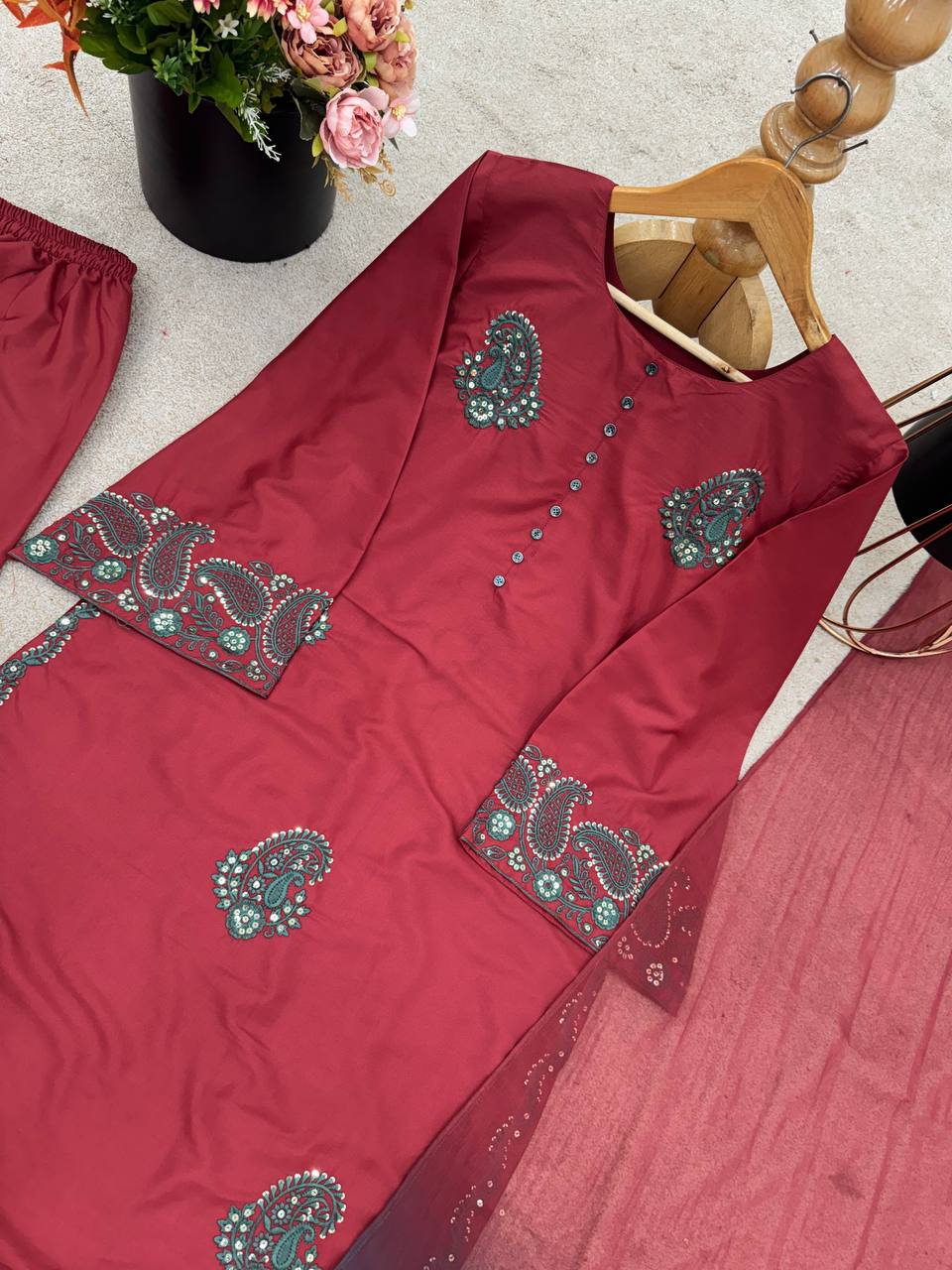 Designer Collection In French Crep Silk Top-Bottom And Dupatta Set Fully Stitched Ready To Wear