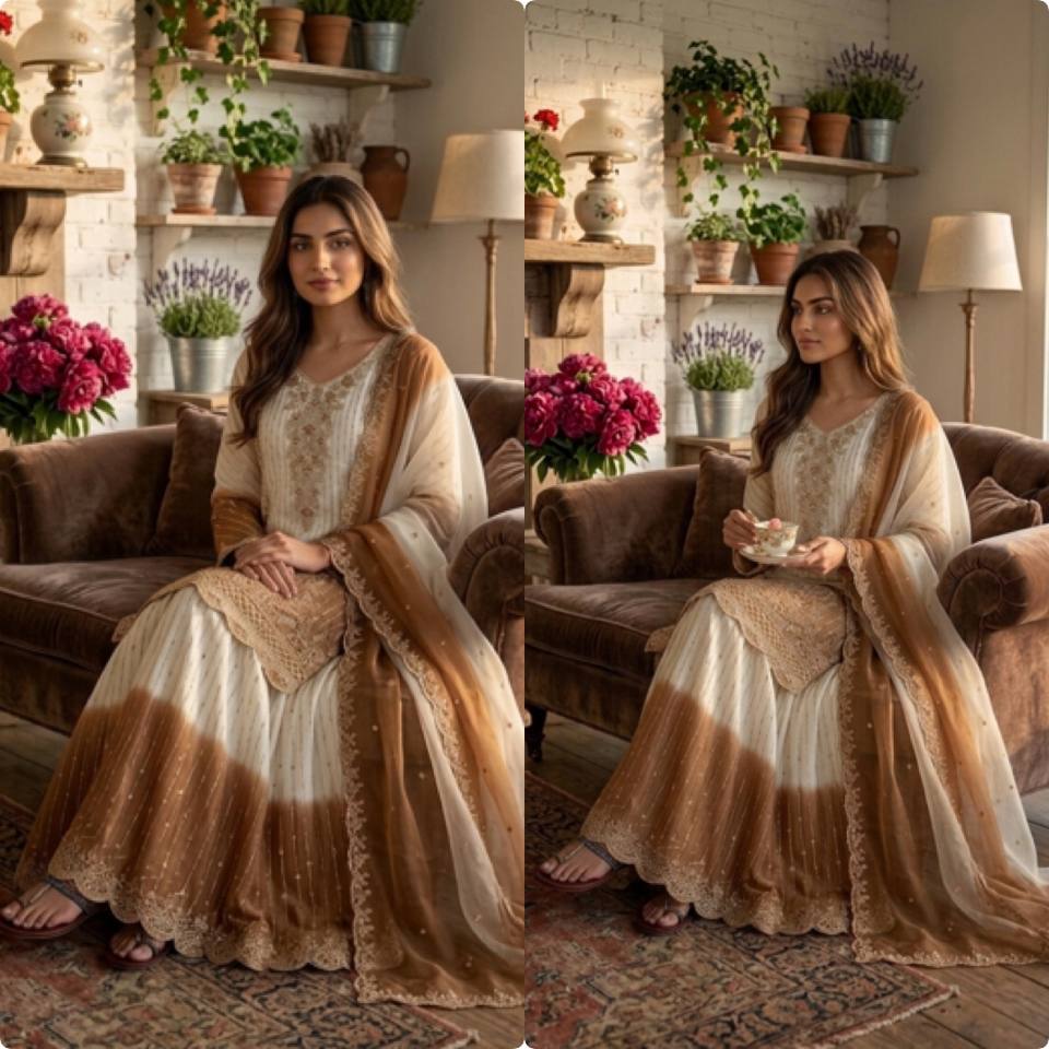 Đěsigner Party Wear Look Pur Heavy Dual Tone Peding Star Georgette Top Plazzo & Dupatta Set