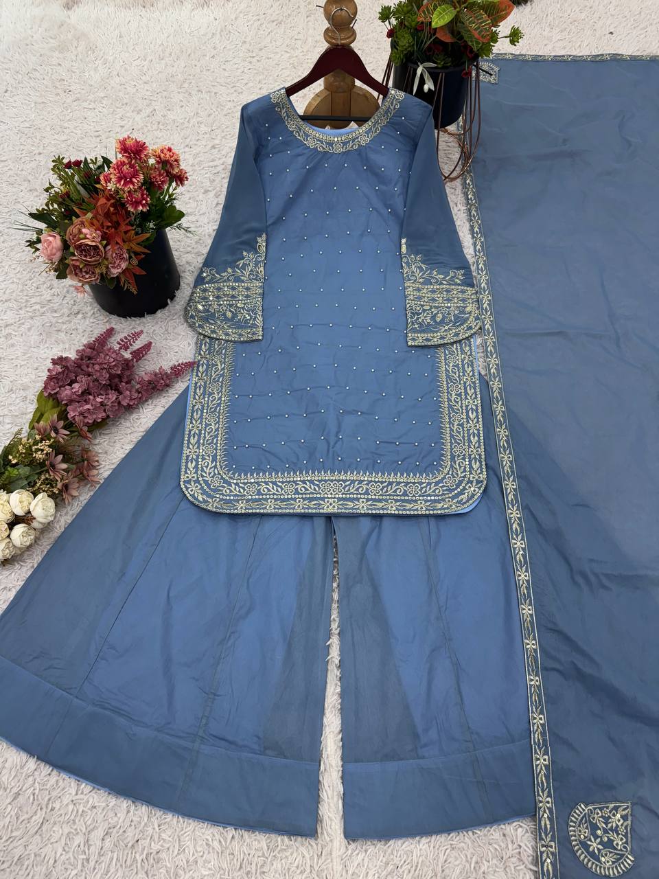 New Designer Party Wear Look Top-Plazzo and Dupatta With Heavy Embroidery Work