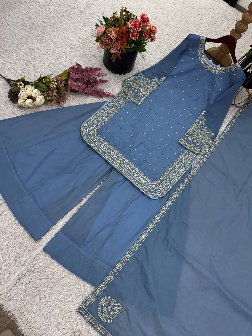 New Designer Party Wear Look Top-Plazzo and Dupatta With Heavy Embroidery Work