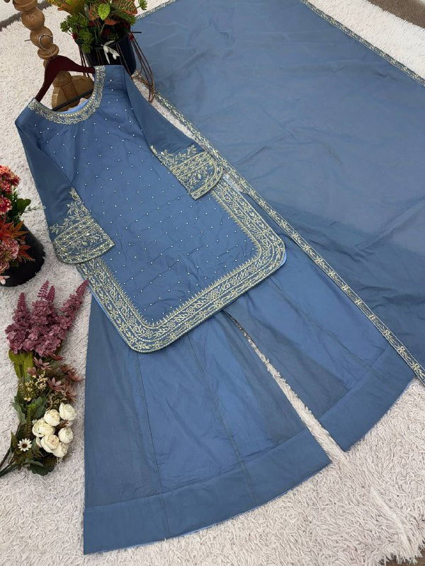 New Designer Party Wear Look Top-Plazzo and Dupatta With Heavy Embroidery Work