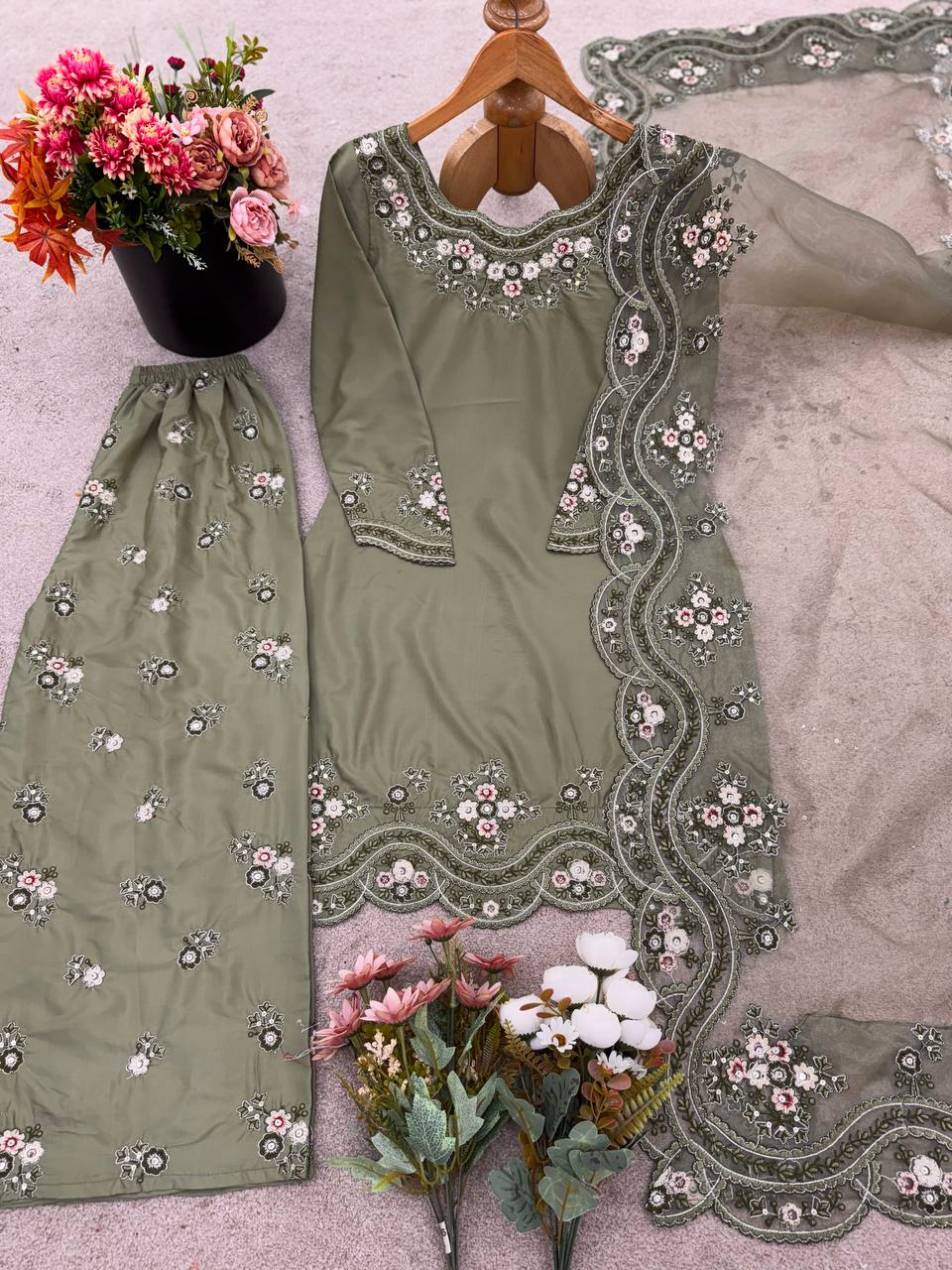 Designer Collection In French Crep Silk Top-Bottom And Dupatta Set Fully Stitched Ready To Wear