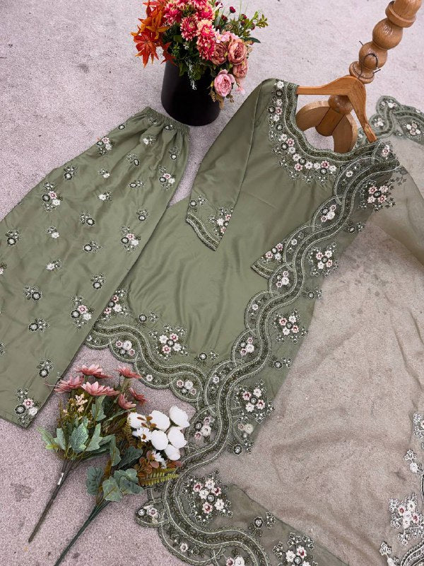 Designer Collection In French Crep Silk Top-Bottom And Dupatta Set Fully Stitched Ready To Wear
