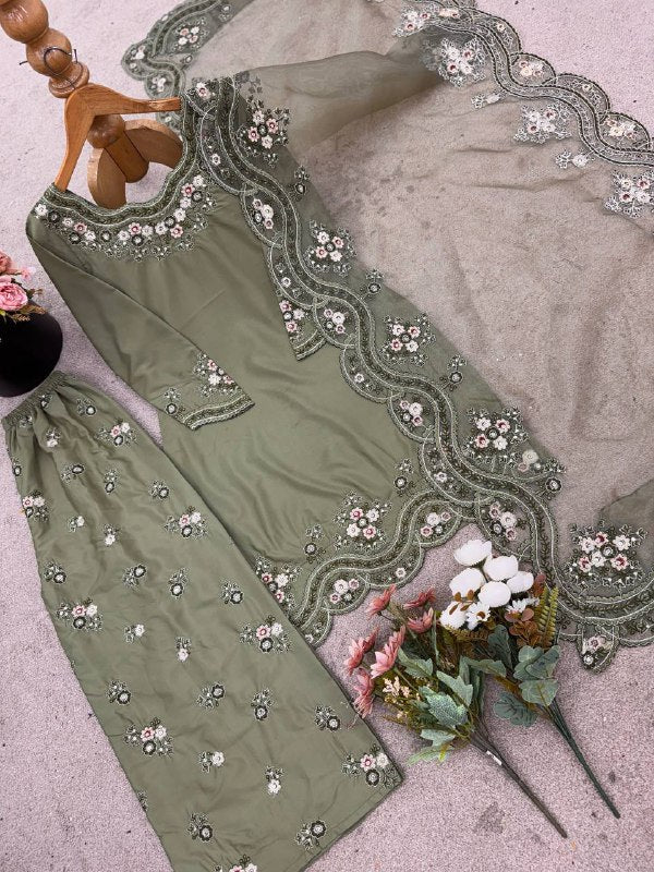 Designer Collection In French Crep Silk Top-Bottom And Dupatta Set Fully Stitched Ready To Wear