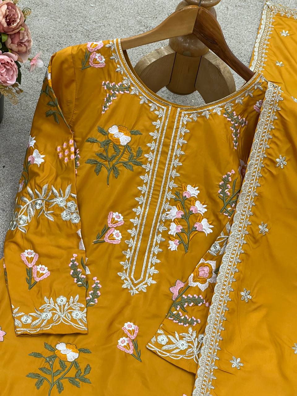 Designer Collection In Natural Crep Silk Top-Bottom And Dupatta Set Fully Stitched Ready To Wear