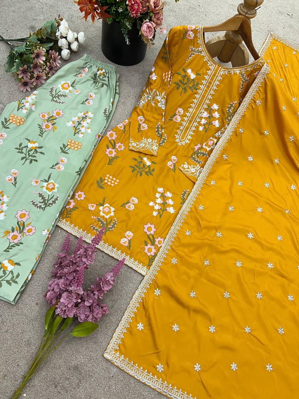 Designer Collection In Natural Crep Silk Top-Bottom And Dupatta Set Fully Stitched Ready To Wear