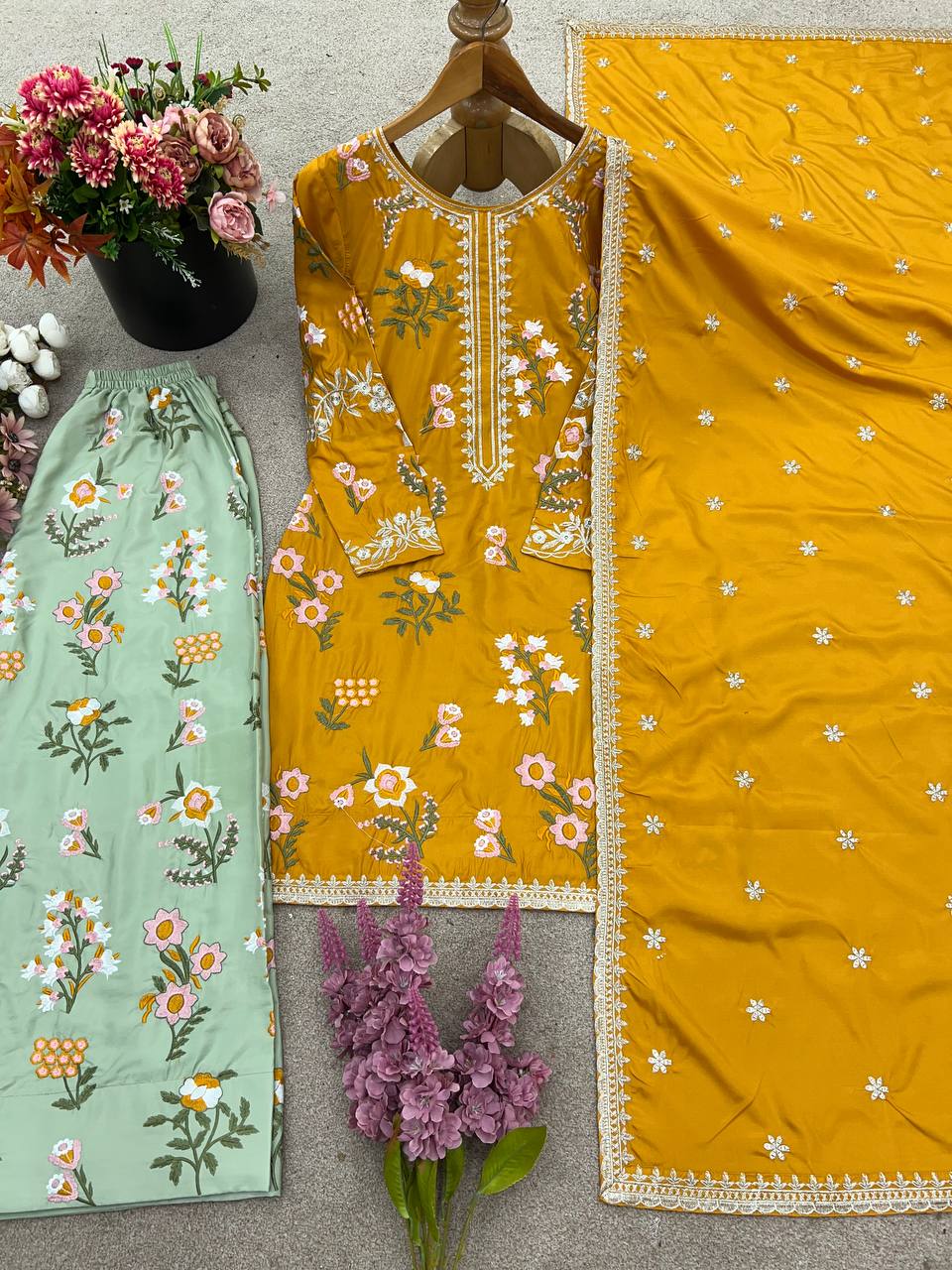 Designer Collection In Natural Crep Silk Top-Bottom And Dupatta Set Fully Stitched Ready To Wear