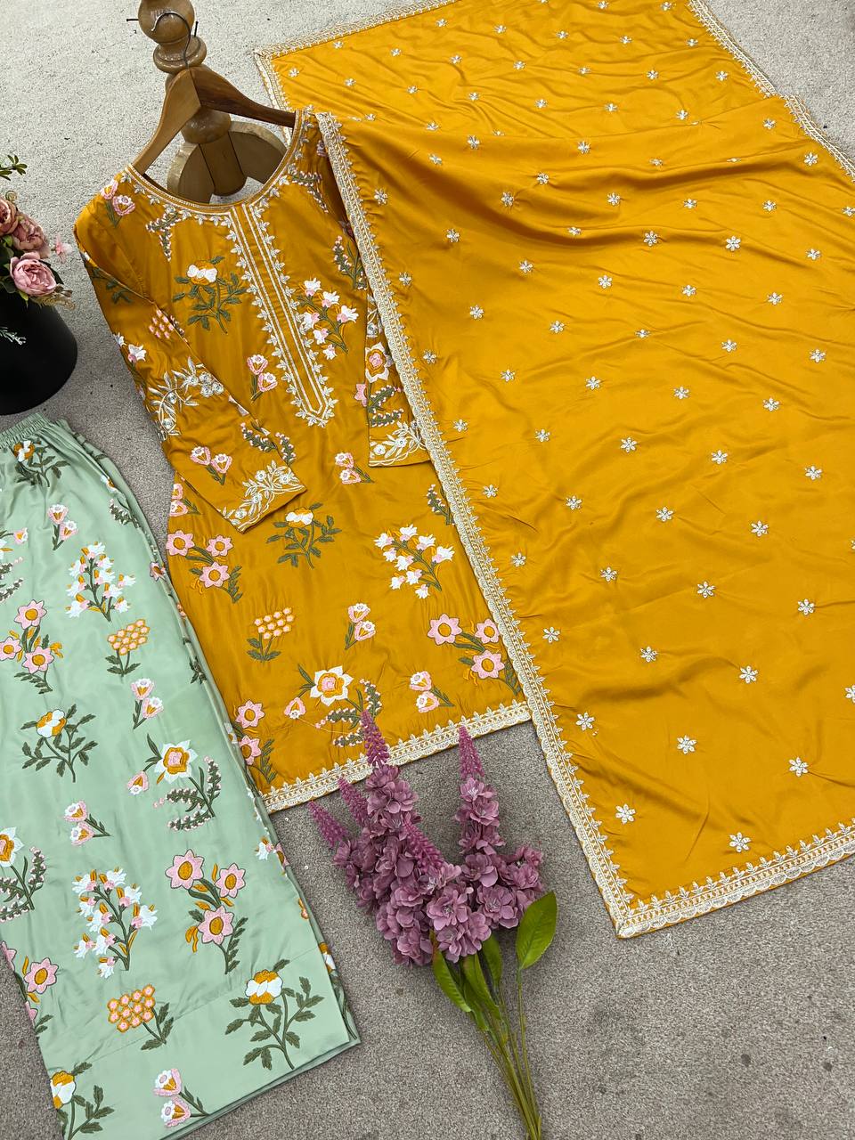 Designer Collection In Natural Crep Silk Top-Bottom And Dupatta Set Fully Stitched Ready To Wear