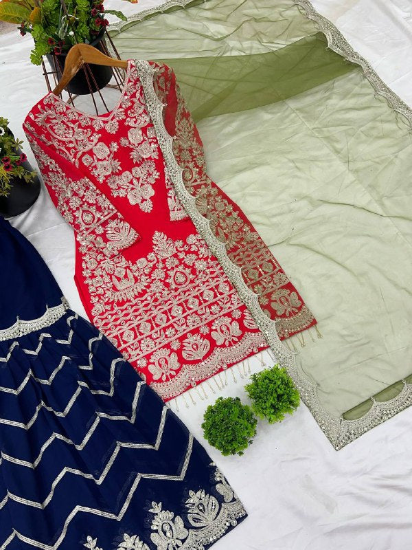 New Designer Party Wear Look Top-Plazzo and Dupatta With Heavy Embroidery Work*