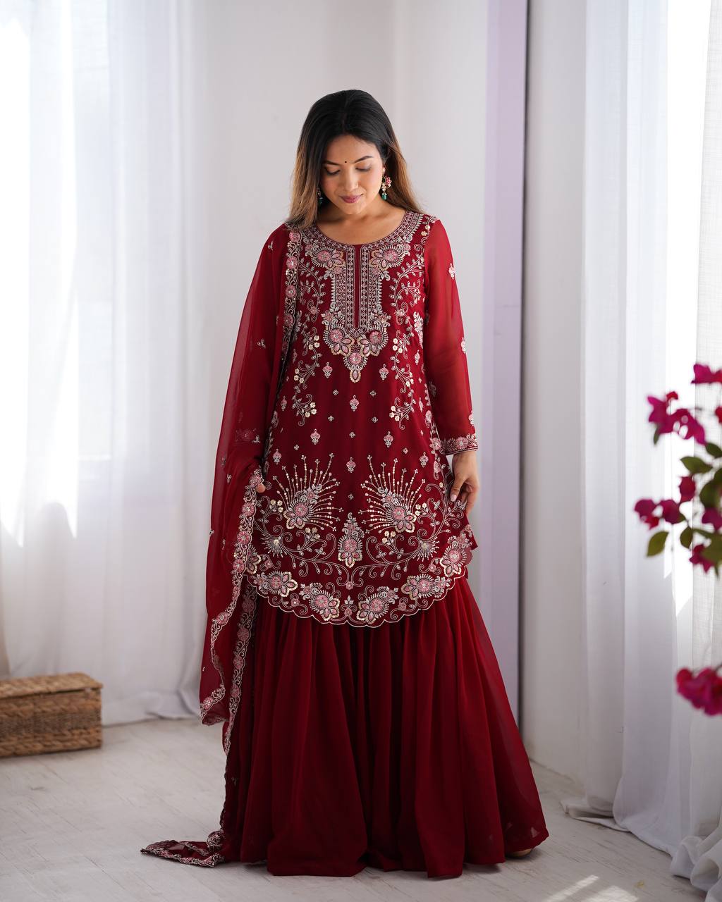 wedding sharara styleFaux Georgette Thred with Sequnce work Front and back bothside work sharara style