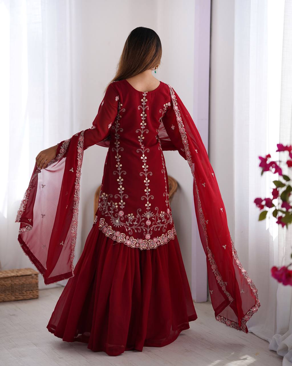 wedding sharara styleFaux Georgette Thred with Sequnce work Front and back bothside work sharara style