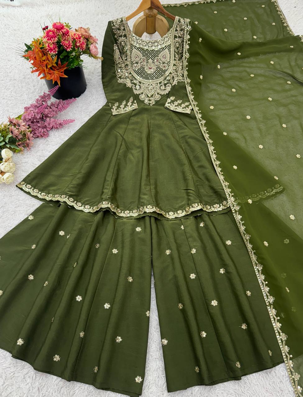 Designer Collection In French Crep Silk Top-Bottom And Dupatta Set Fully Stitched Ready To Wear