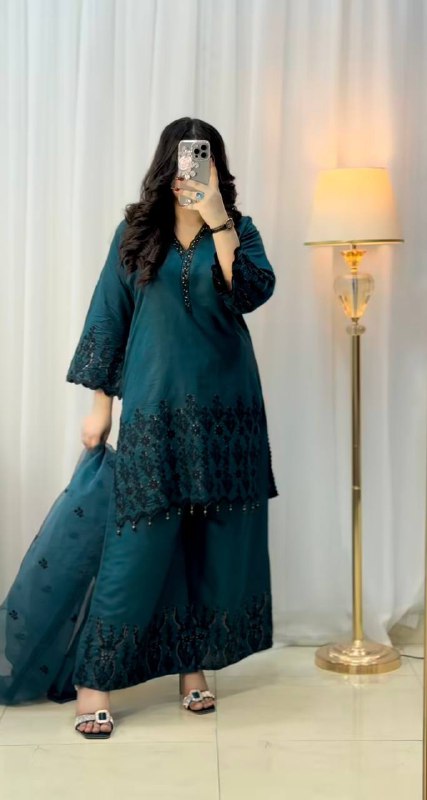 New Designer Collection In Vichitra Silk Top-Bottom And Dupatta Set Fully Stitched Ready To Wear