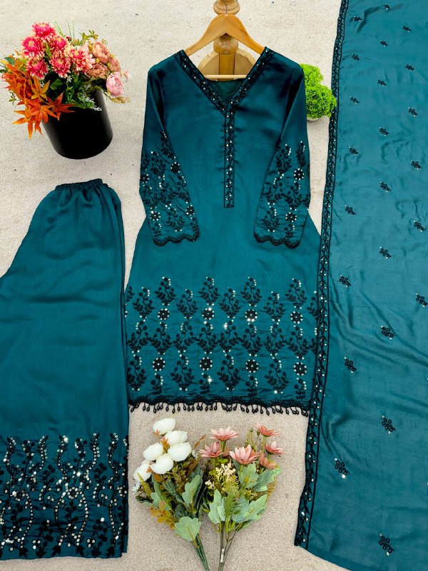 New Designer Collection In Vichitra Silk Top-Bottom And Dupatta Set Fully Stitched Ready To Wear