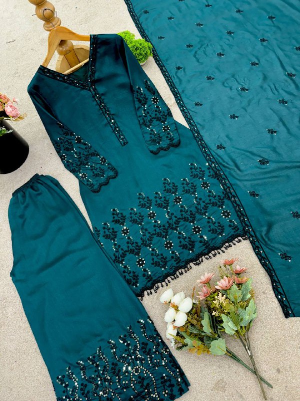 New Designer Collection In Vichitra Silk Top-Bottom And Dupatta Set Fully Stitched Ready To Wear