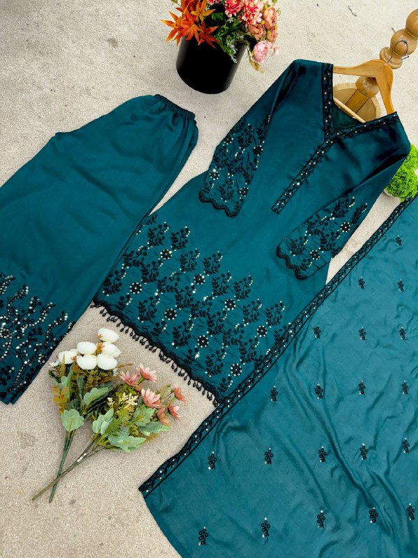 New Designer Collection In Vichitra Silk Top-Bottom And Dupatta Set Fully Stitched Ready To Wear