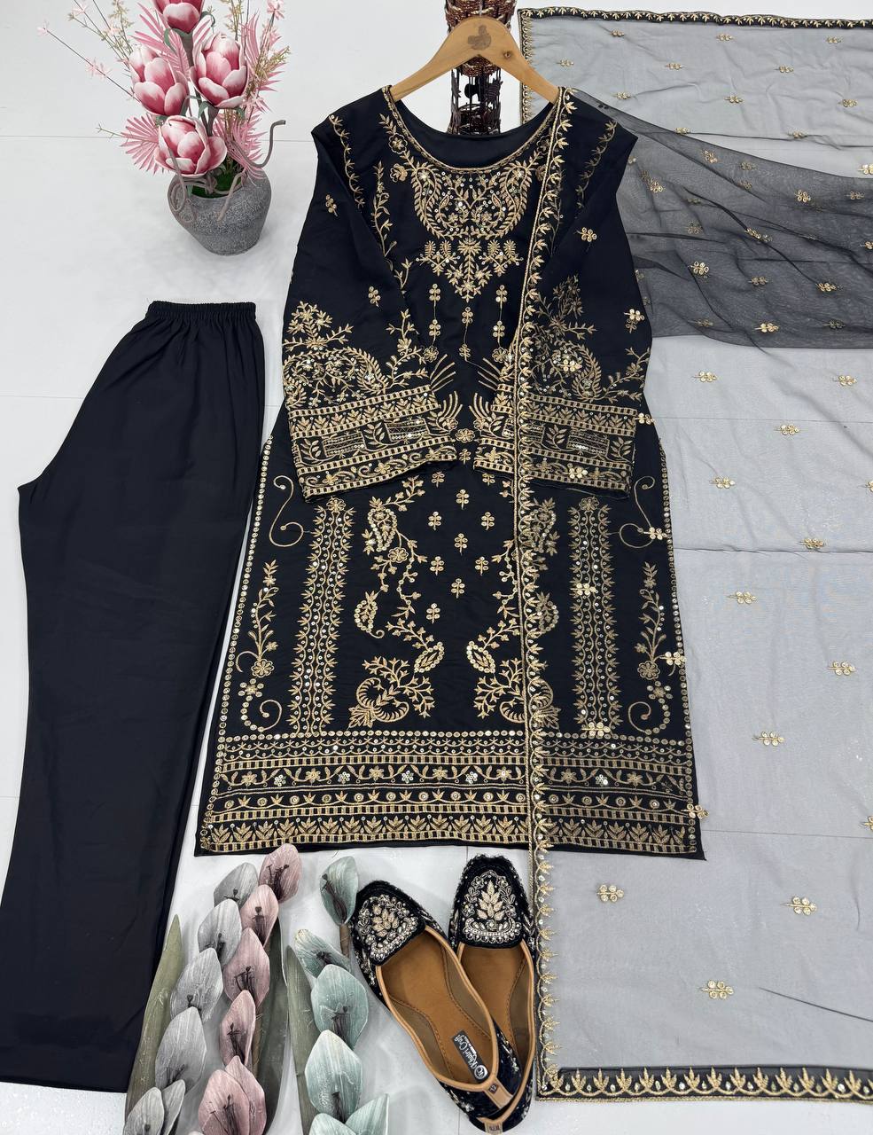 NATURAL CREAP EMBROIDERED SEQUENCE WORK WITH FANCY TOP-PENT DUPATTA SET