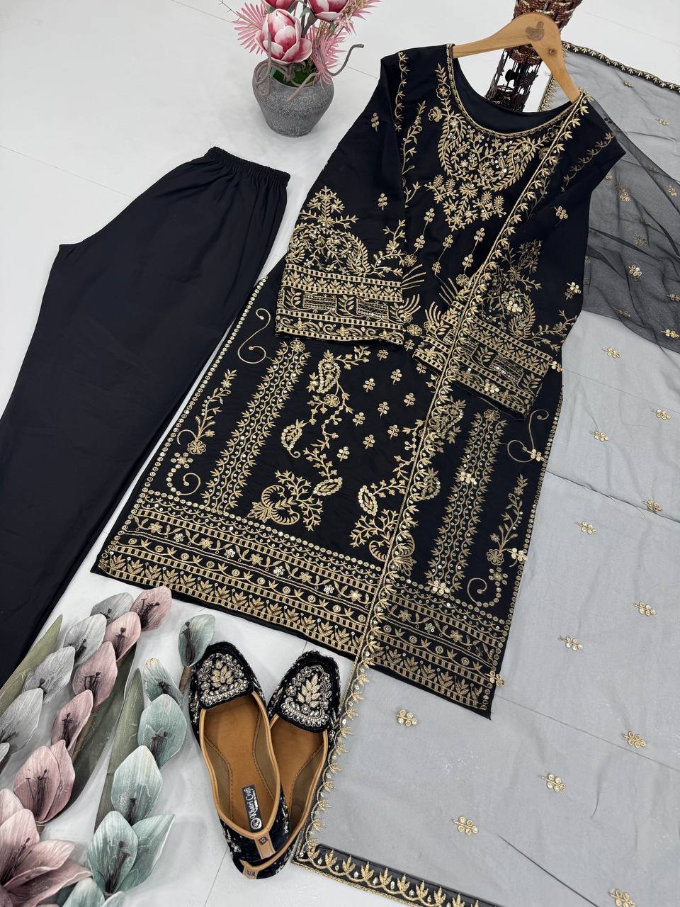 NATURAL CREAP EMBROIDERED SEQUENCE WORK WITH FANCY TOP-PENT DUPATTA SET