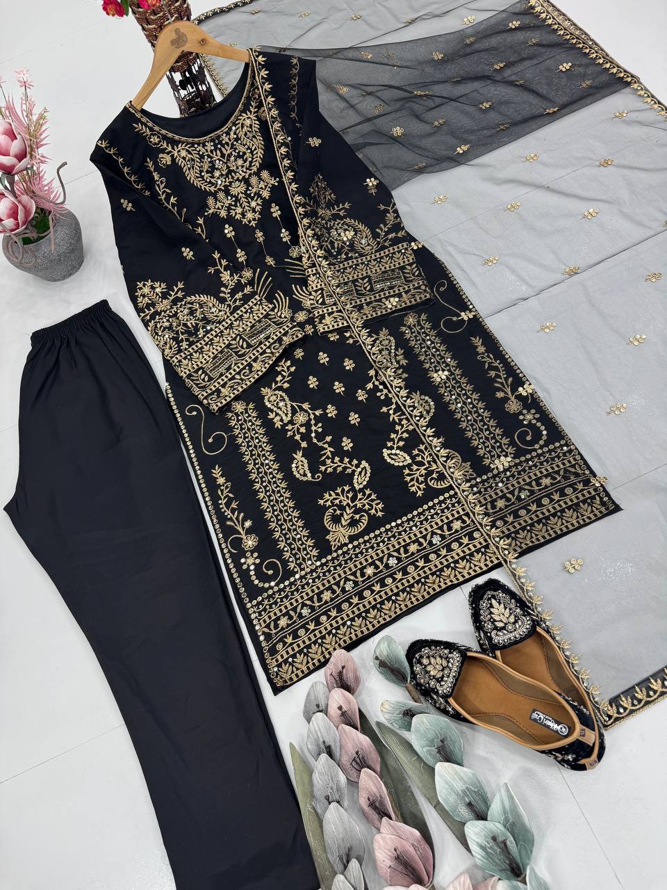 NATURAL CREAP EMBROIDERED SEQUENCE WORK WITH FANCY TOP-PENT DUPATTA SET