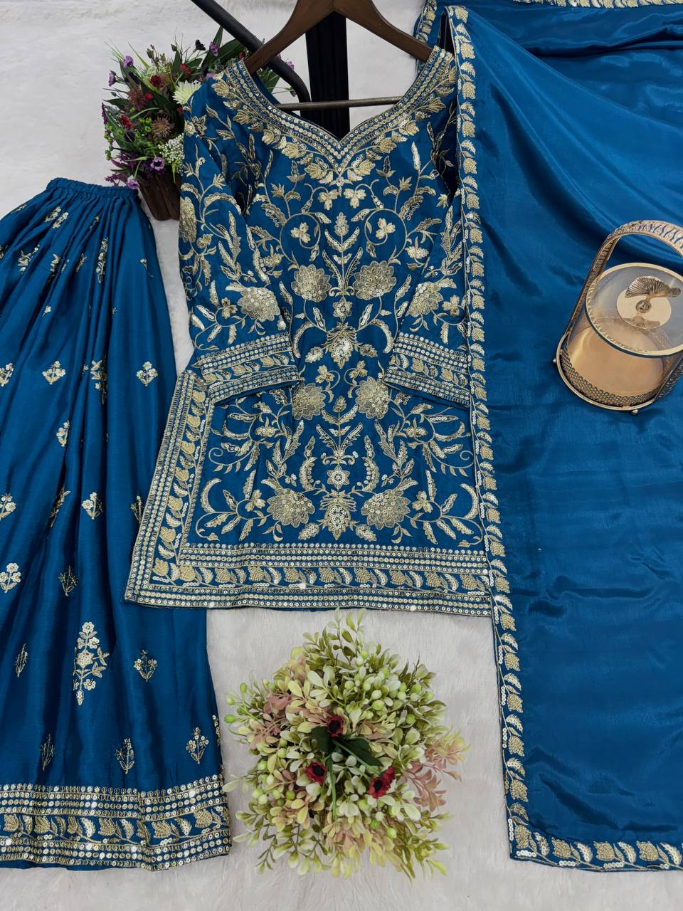 New Premium Quality With Embroidery Sequence Worked Top-Plazzo And Dupatta Set Fully Stitched Ready To Wear