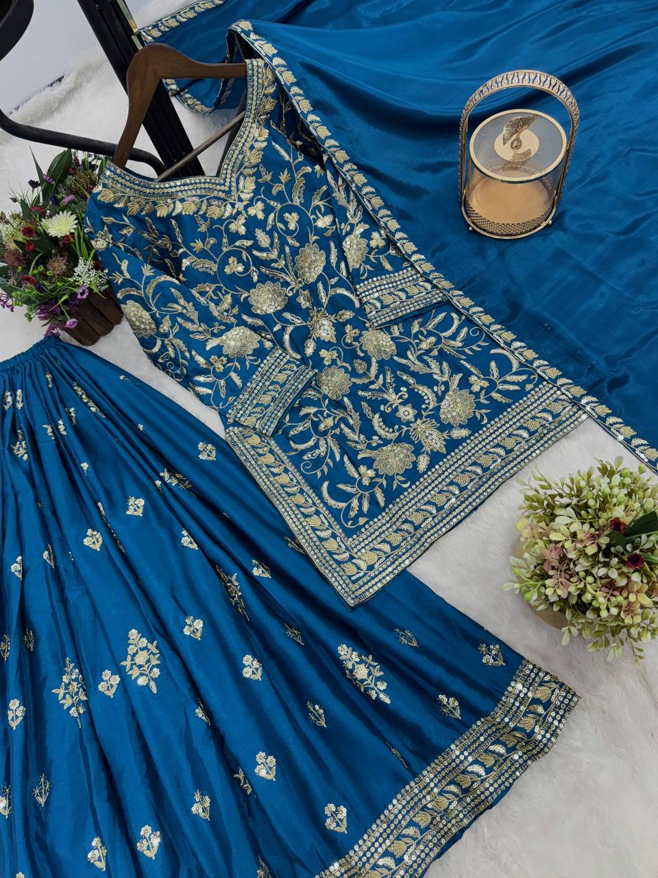 New Premium Quality With Embroidery Sequence Worked Top-Plazzo And Dupatta Set Fully Stitched Ready To Wear