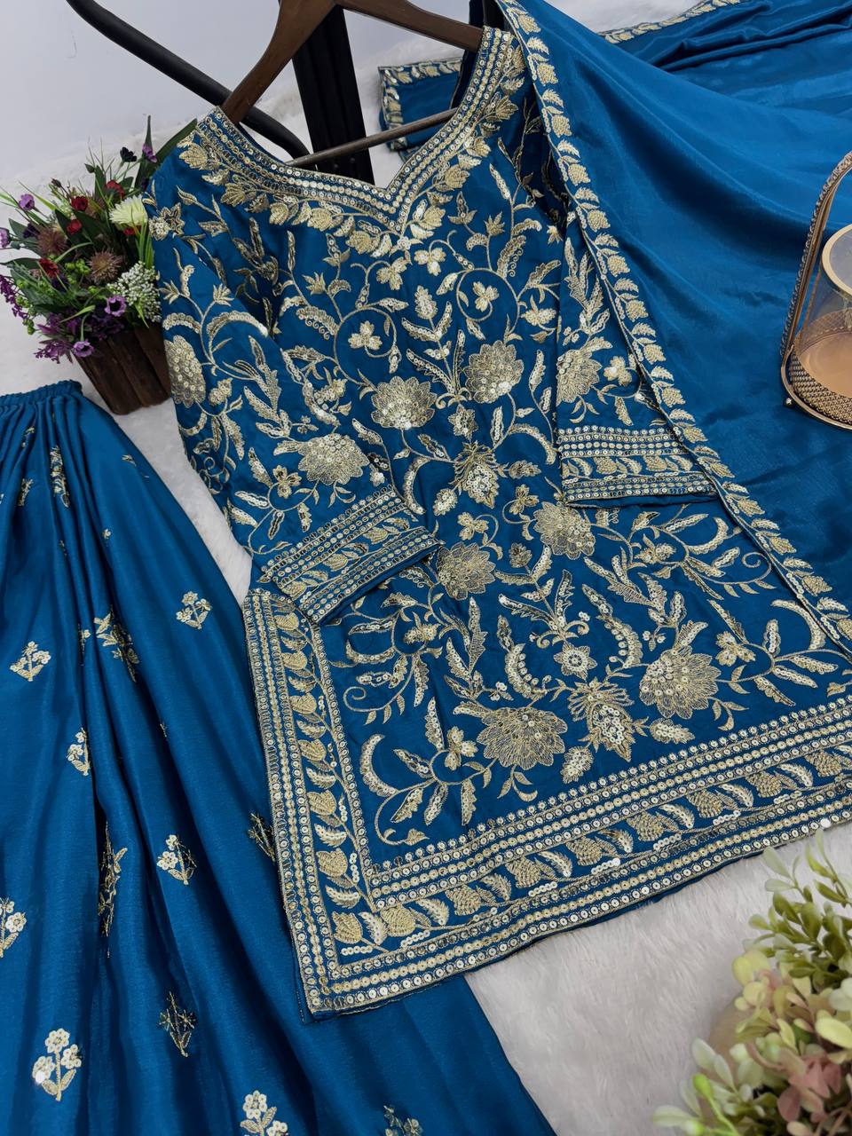 New Premium Quality With Embroidery Sequence Worked Top-Plazzo And Dupatta Set Fully Stitched Ready To Wear