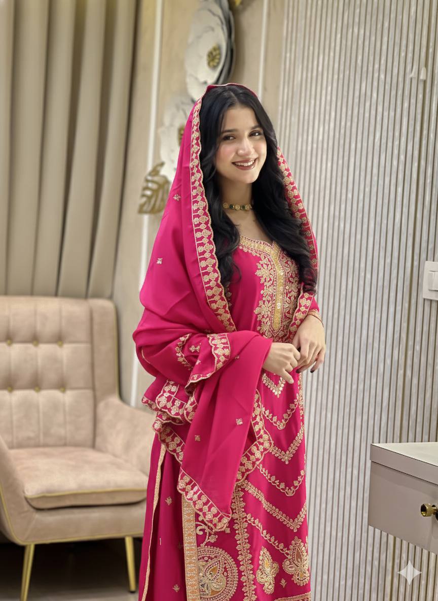 EID SPECIAL SEQUENCE EMBROIDERY ON SILK FABRIC TOP AND PLAZZO WITH DUPATTA