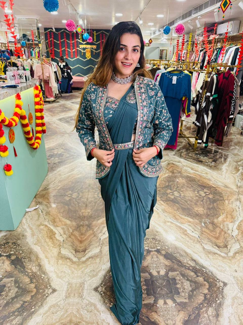 INDO-WESTERN READY TO WEAR SAREE WITH FULLY EMBROIDERED KOTI ON RANGOLI FABRIC WITH STITCH BLOUSE