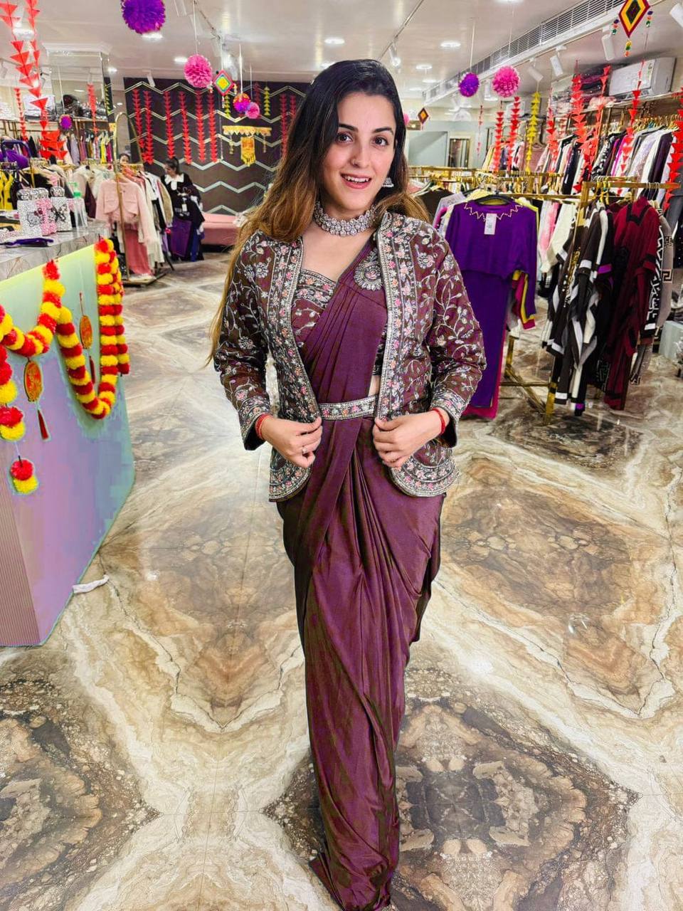 INDO-WESTERN READY TO WEAR SAREE WITH FULLY EMBROIDERED KOTI ON RANGOLI FABRIC WITH STITCH BLOUSE