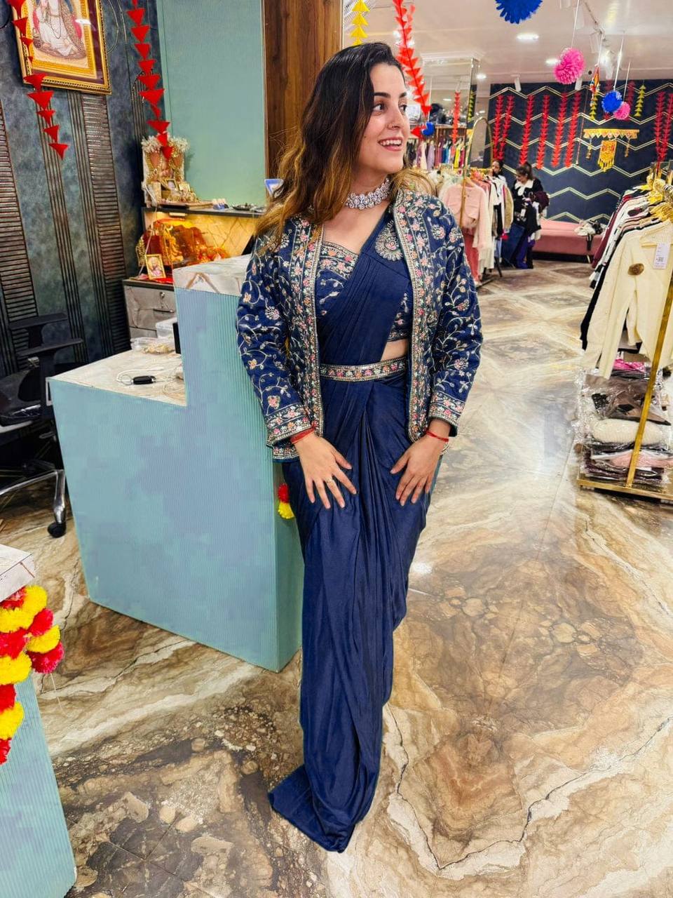 INDO-WESTERN READY TO WEAR SAREE WITH FULLY EMBROIDERED KOTI ON RANGOLI FABRIC WITH STITCH BLOUSE