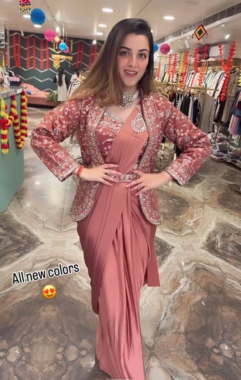 INDO-WESTERN READY TO WEAR SAREE WITH FULLY EMBROIDERED KOTI ON RANGOLI FABRIC WITH STITCH BLOUSE
