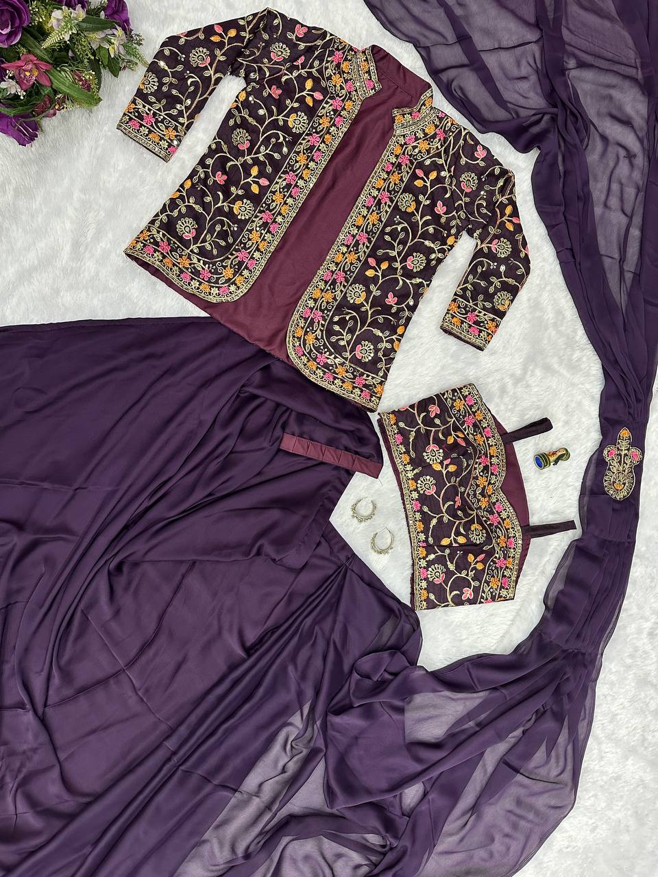 INDO-WESTERN READY TO WEAR SAREE WITH FULLY EMBROIDERED KOTI ON RANGOLI FABRIC WITH STITCH BLOUSE