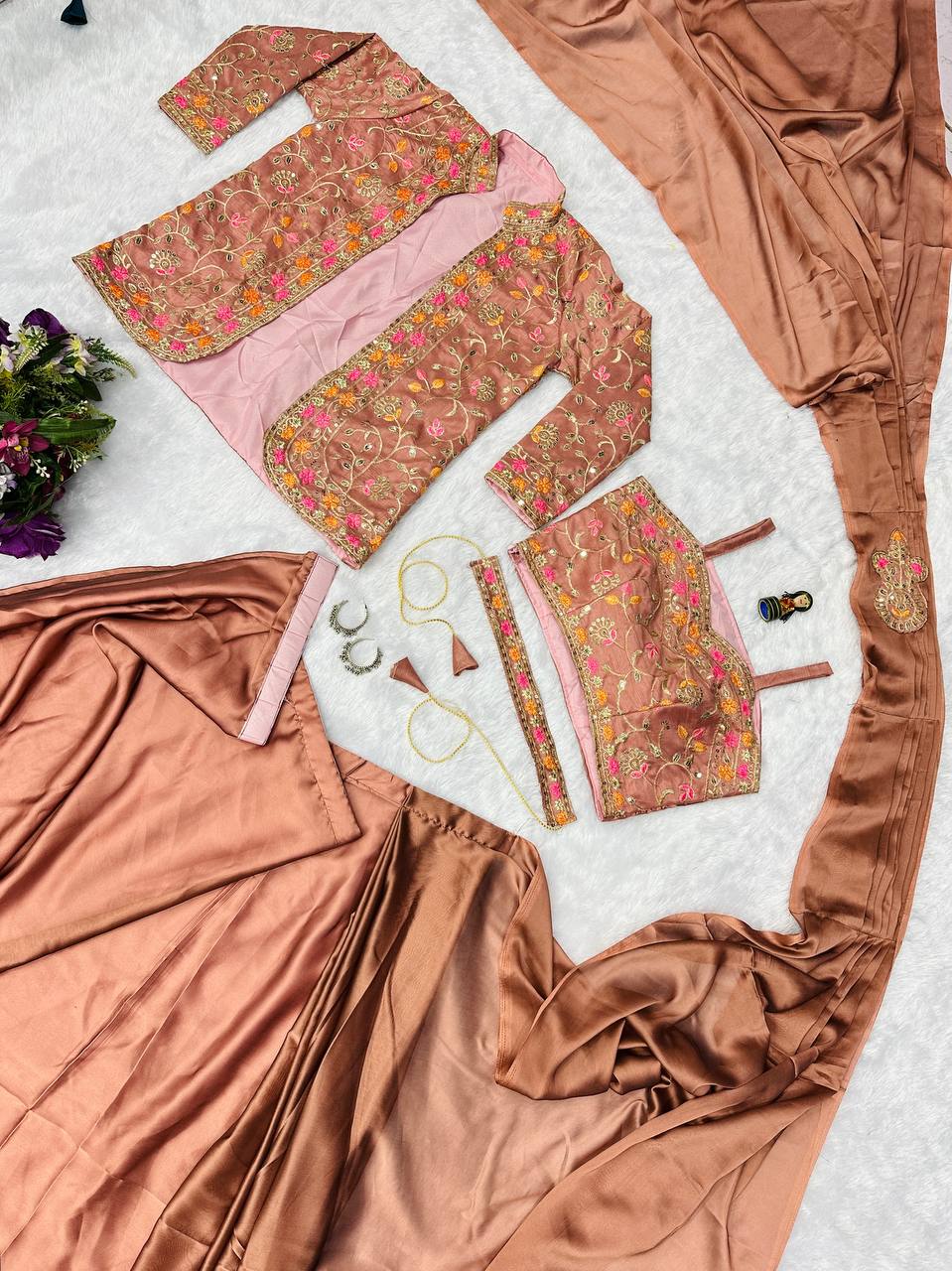 INDO-WESTERN READY TO WEAR SAREE WITH FULLY EMBROIDERED KOTI ON RANGOLI FABRIC WITH STITCH BLOUSE
