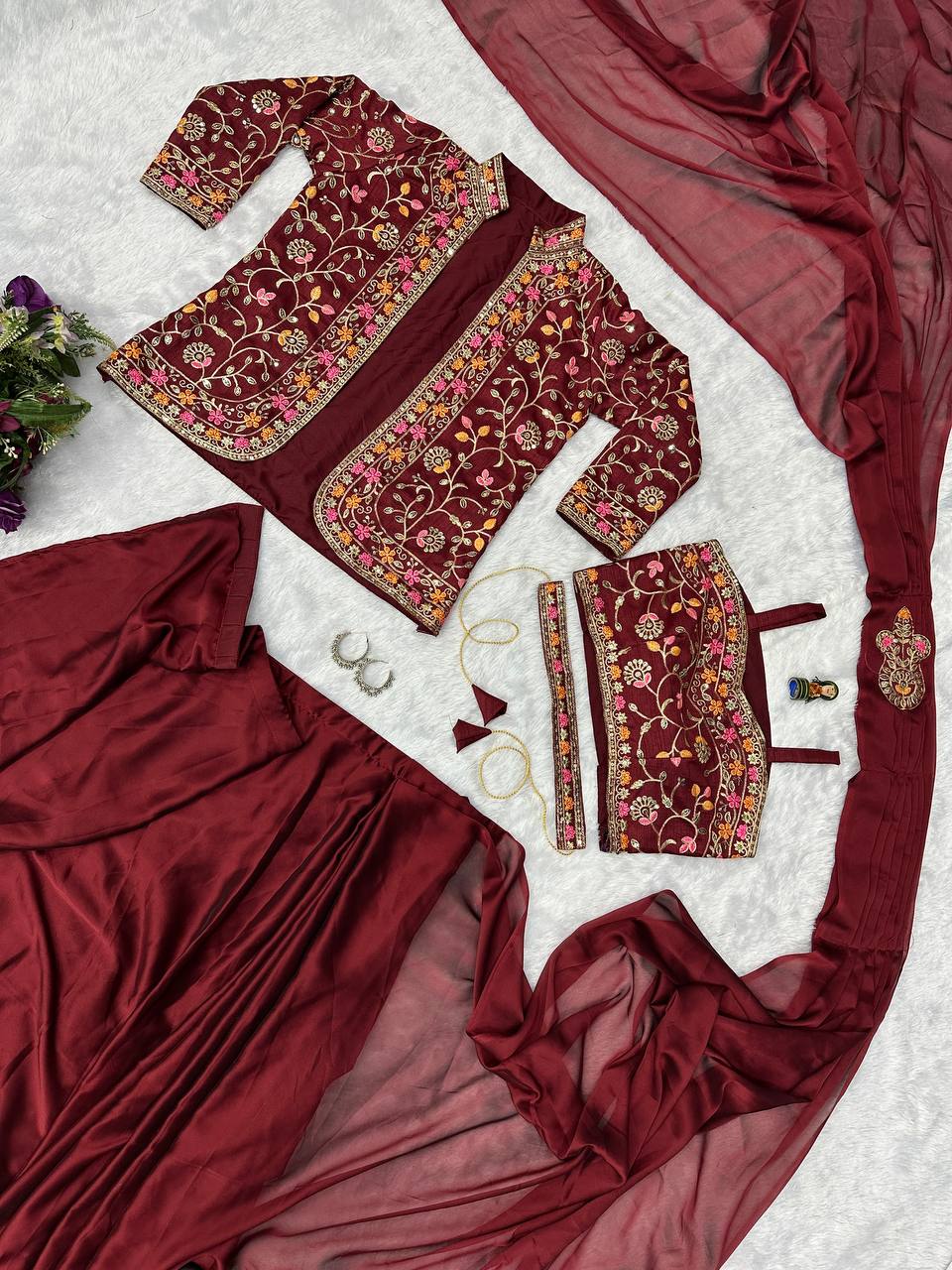 INDO-WESTERN READY TO WEAR SAREE WITH FULLY EMBROIDERED KOTI ON RANGOLI FABRIC WITH STITCH BLOUSE