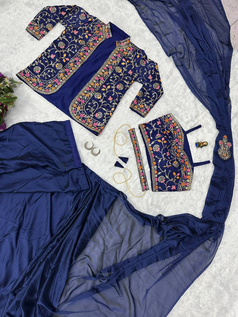 INDO-WESTERN READY TO WEAR SAREE WITH FULLY EMBROIDERED KOTI ON RANGOLI FABRIC WITH STITCH BLOUSE