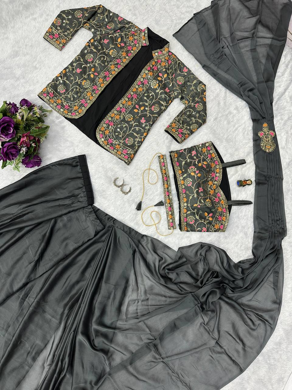INDO-WESTERN READY TO WEAR SAREE WITH FULLY EMBROIDERED KOTI ON RANGOLI FABRIC WITH STITCH BLOUSE