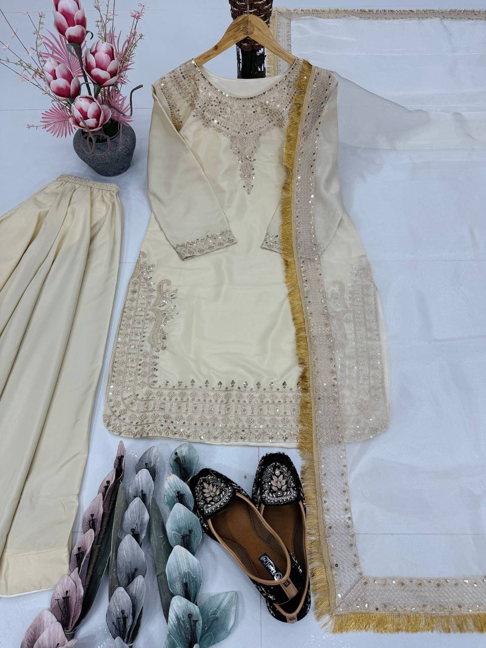 DESIGNER EMBROIDERY CODING SEQUENCE WORK WITH FANCY TOP PALAZZO DUPATTA SET*