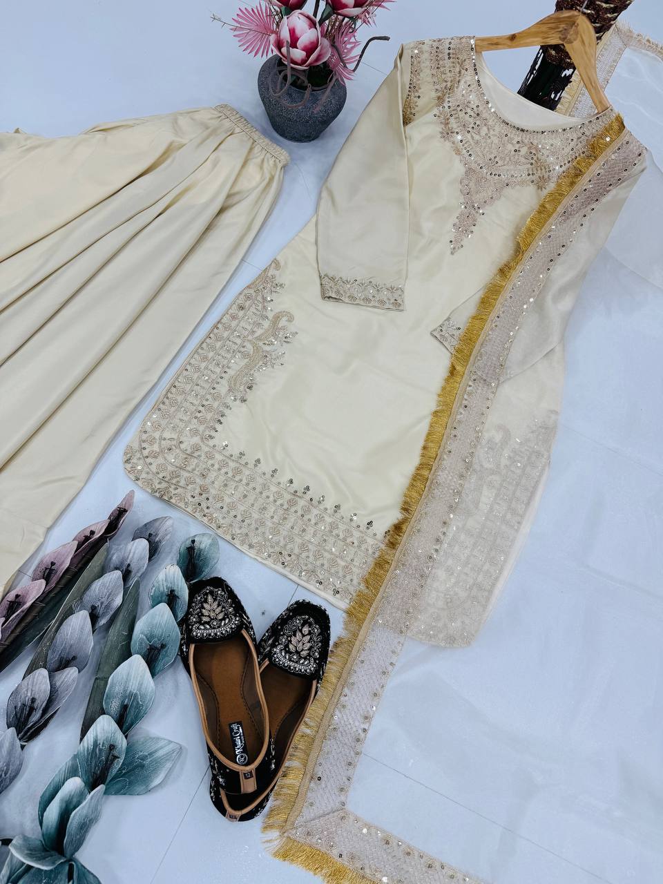 DESIGNER EMBROIDERY CODING SEQUENCE WORK WITH FANCY TOP PALAZZO DUPATTA SET*