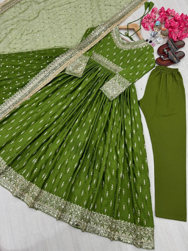 Party Wear Look Pur Chinon Silk Gown,Dupatta & Bottom Set