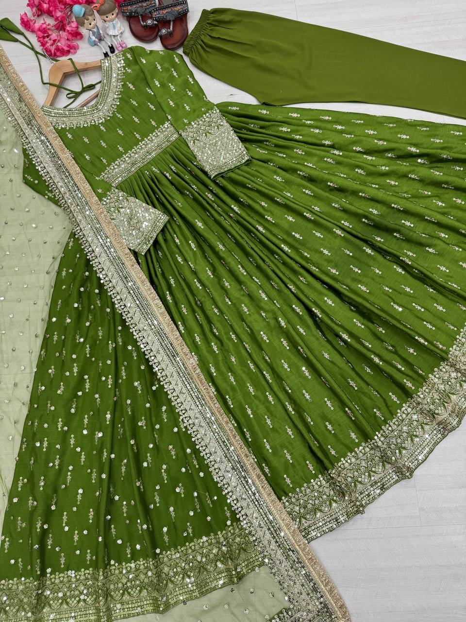 Party Wear Look Pur Chinon Silk Gown,Dupatta & Bottom Set