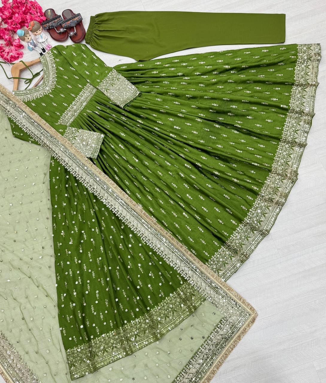 Party Wear Look Pur Chinon Silk Gown,Dupatta & Bottom Set